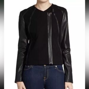 Vince Black Leather and Ponte Jacket with Zipper Detail L